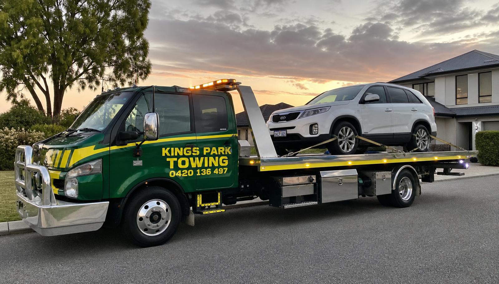 Kings Park Towing flatbed tow truck carrying a car