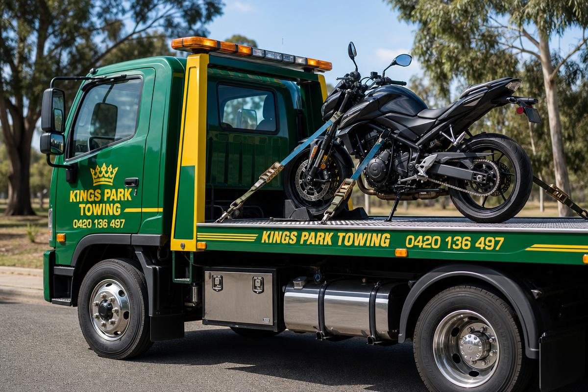 Motorbike strapped to a Kings Park Towing flatbed tow truck
